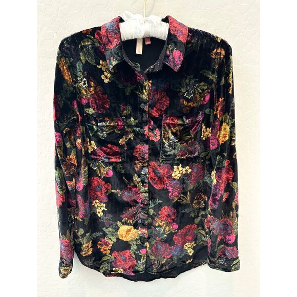 ANTHROPOLOGIE | Pilcro Velvet Button Down Shirt Black Red Floral Blouse | XS - Picture 1 of 7